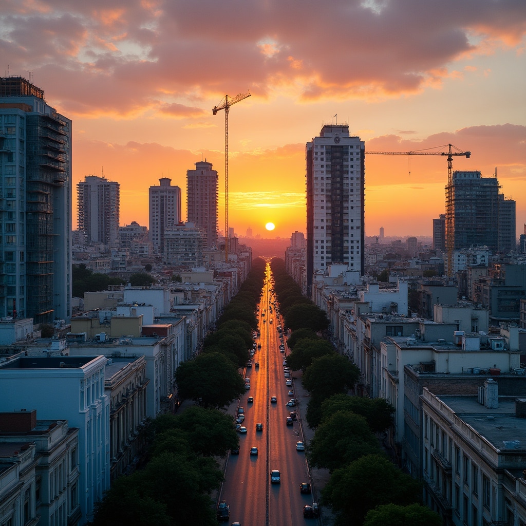 Aerial view of Buenos Aires urban real estate development with modern and historic buildings at golden hour