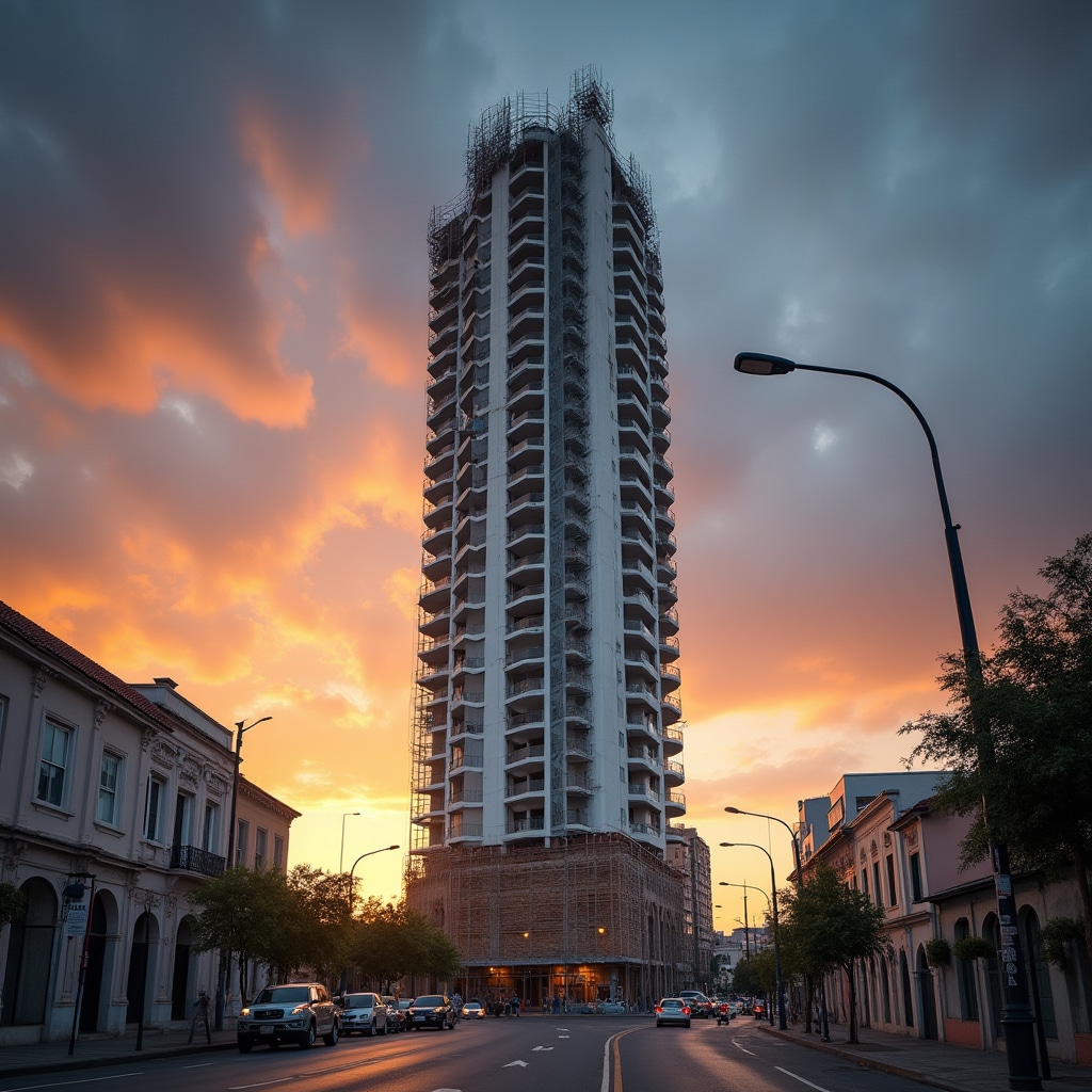 Wide-angle shot of mixed-use urban development in Argentina with construction cranes and completed residential towers against a warm sunset sky