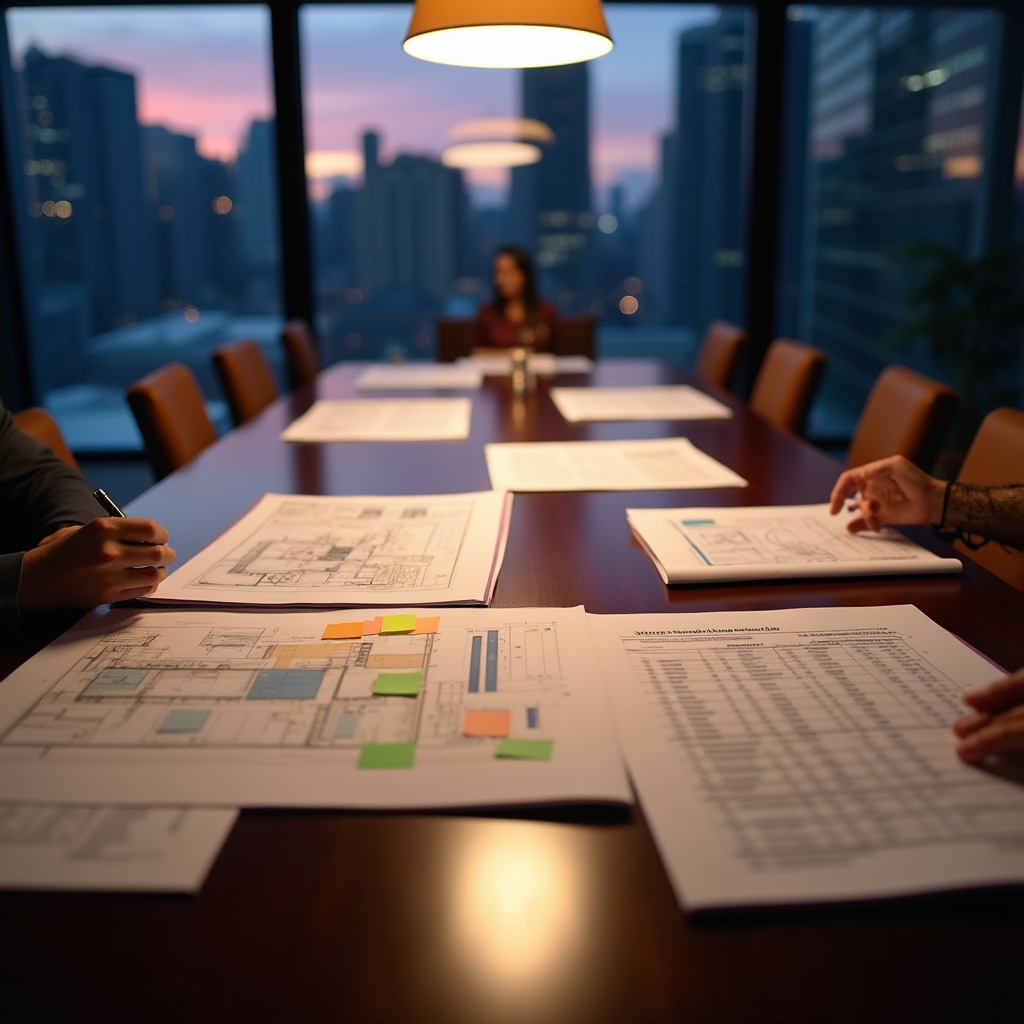 Financial analyst examining property financing documentation spread across a large desk with city view through floor-to-ceiling windows
