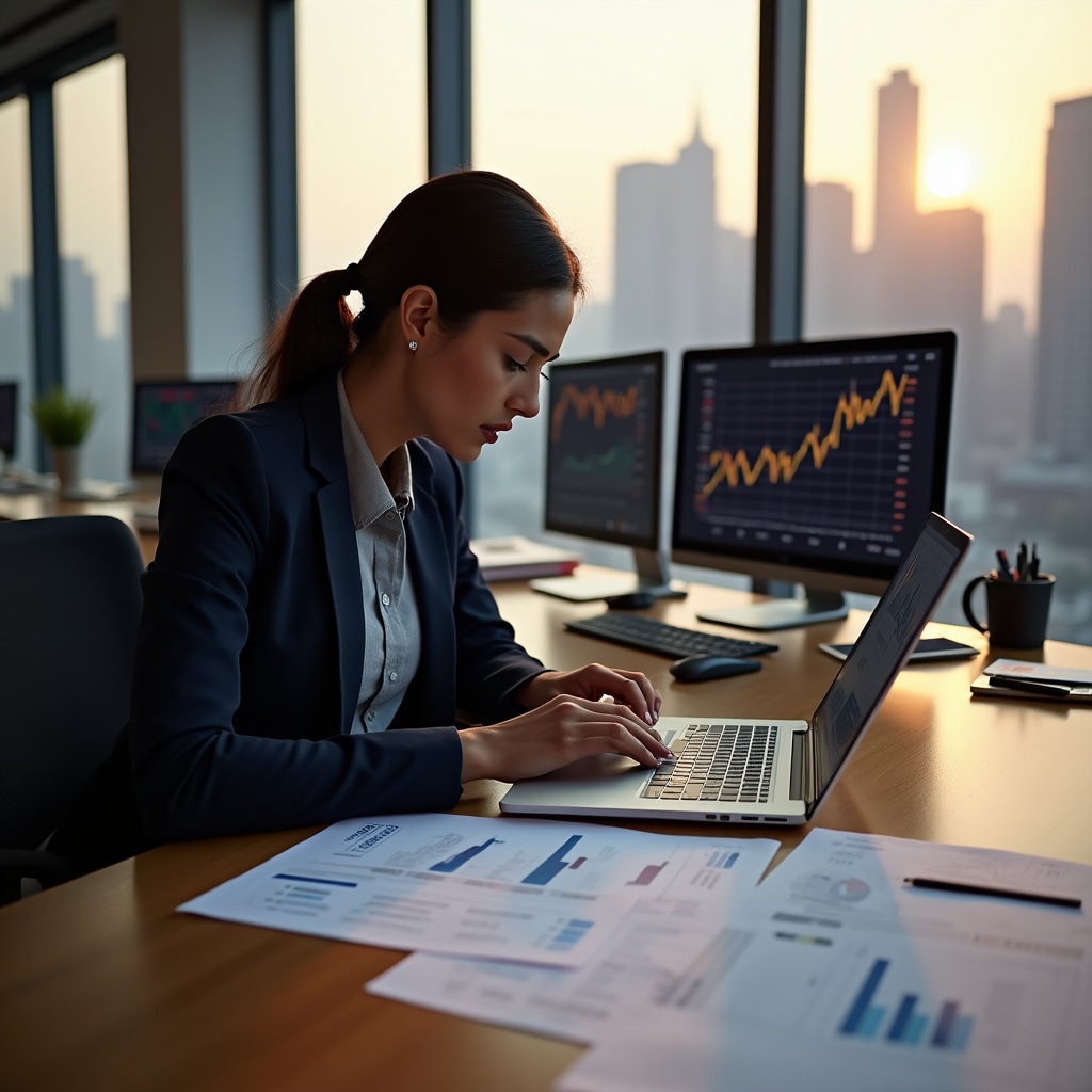 Analyst reviewing real estate financing documents at a well-lit desk with multiple data screens