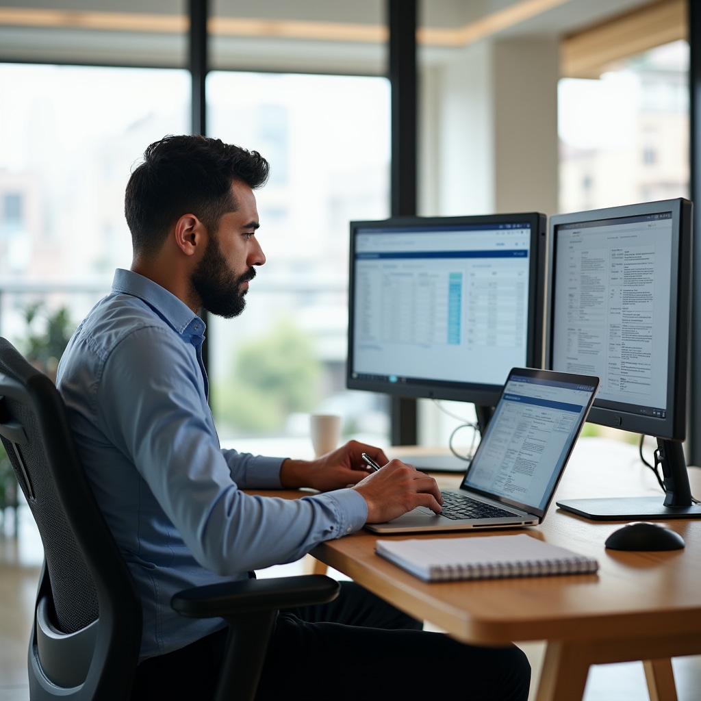Professional in smart casual attire studying financial models on laptop in a bright contemporary office space