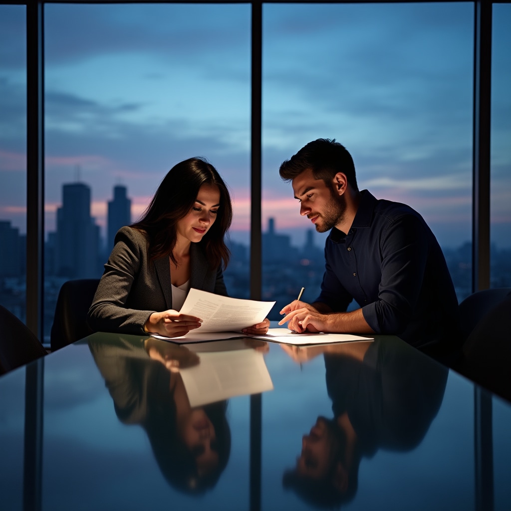 Two financial professionals in smart casual attire reviewing regulatory documents at a glass conference table with city skyline visible through large windows at dusk